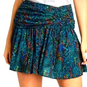 Free People Blue Green Ruched Skater Mini Skirt